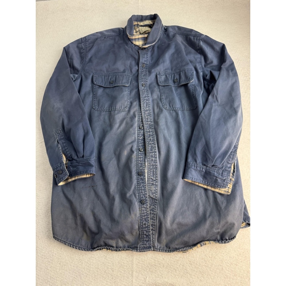 L.L.Bean DistressedJacket Mens XL Blue Flannel Lined Canvas Shirt Shacket Button